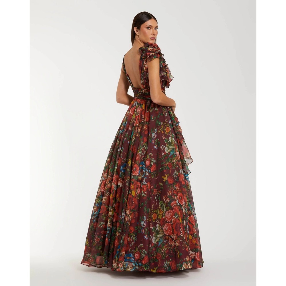 Mac Duggal Wine Sleeveless V-Neck Floral Chiffon Ruffle Ball Gown - Size 6 - Picture 11 of 14